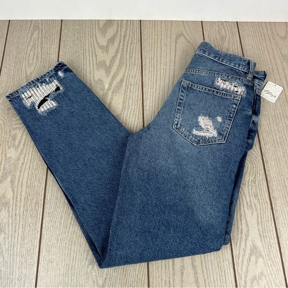 Free People McCoy Destroyed Patch Straight Leg Jeans 26 Tattered Blue $148 - Picture 6 of 11